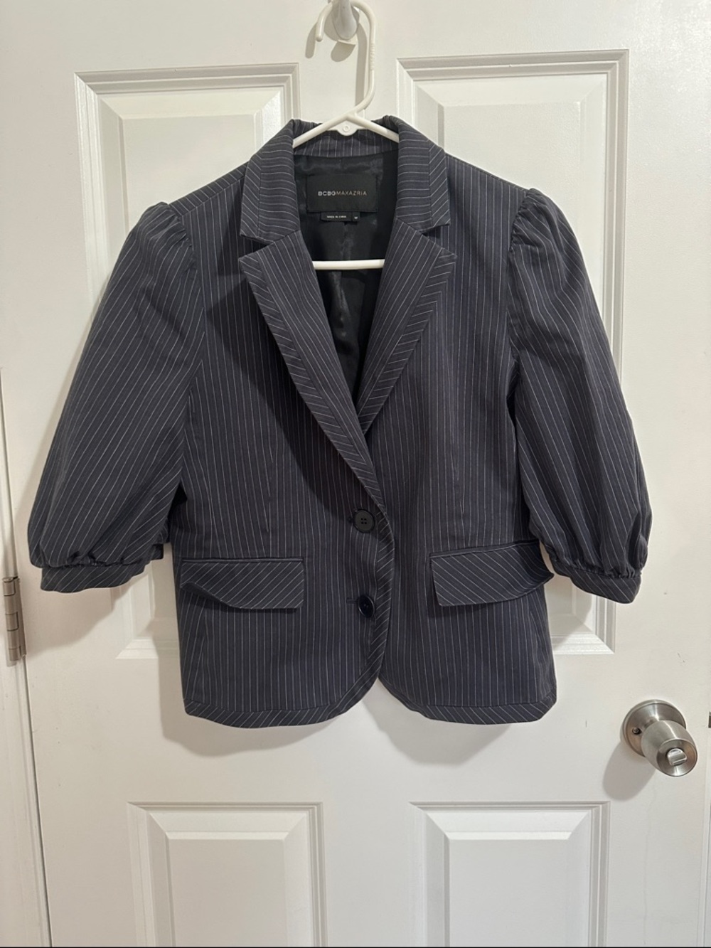 BCBGMAXAZRIA Y2K-Style Charcoal Pinstripe Puff-Sleeve Blazer - Size M